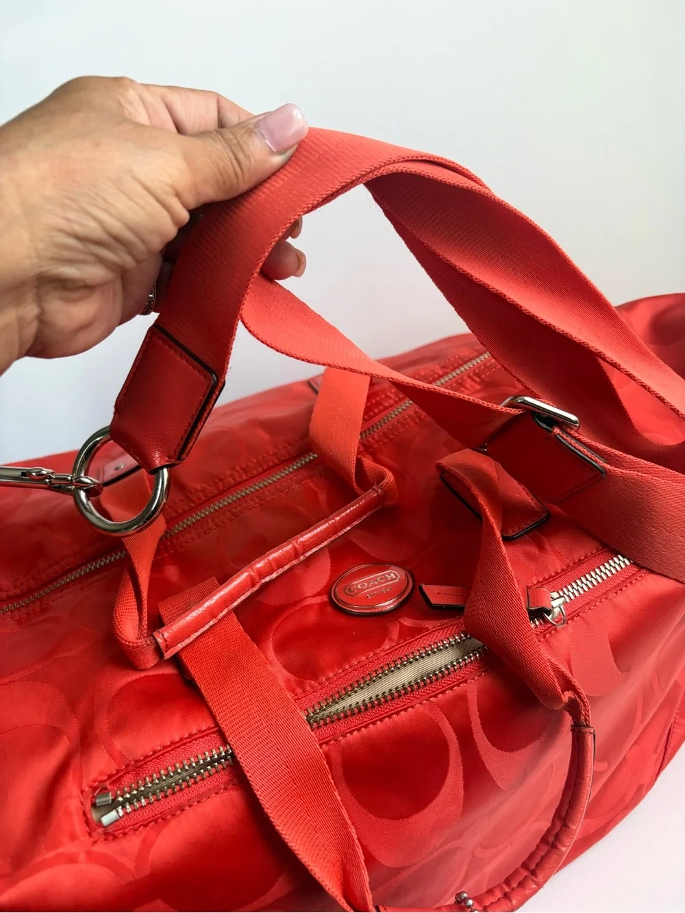 Coach Signature Hot Orange Nylon Travel Weekender Duffle Bag